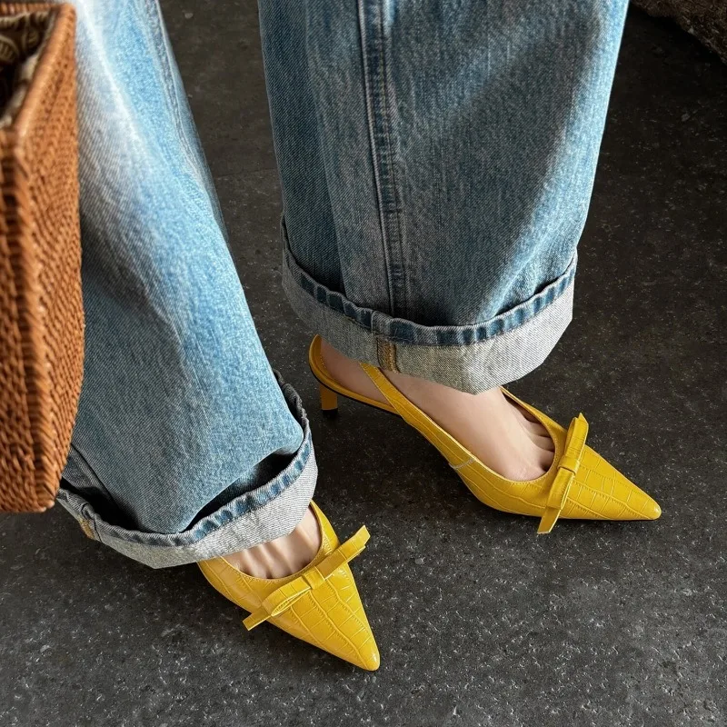 

Crocodile Grain Women Sandals Fashion Pointed Toe Thick Heel Shoes Summer Elegant Wedding Party Dress Slingback Sandalias