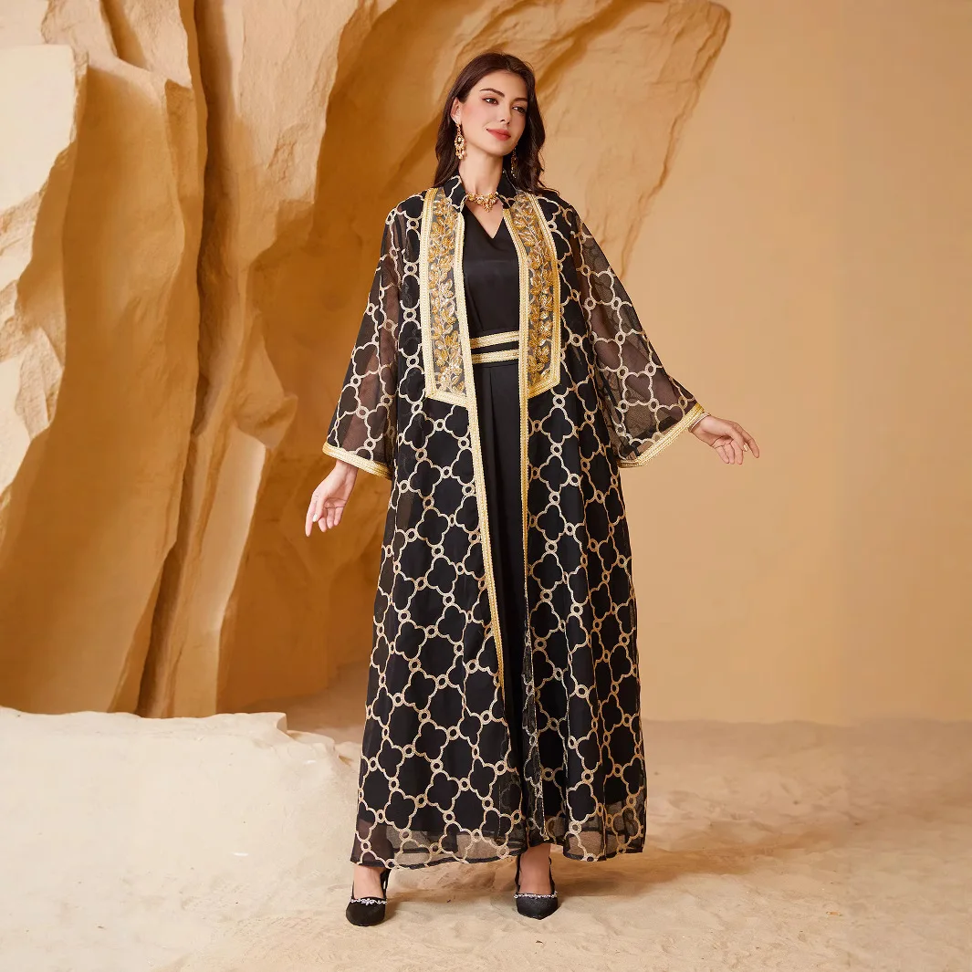 Cross-border foreign trade Amazon heavy industry mesh embroidery splicing gold webbing Muslim dress two-piece set cw65592
