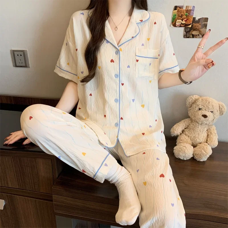 summer-korean-style-casual-cloud-cotton-women's-plus-size-pajamas-girls'-short-sleeve-and-long-pants-ins-style-loungewear