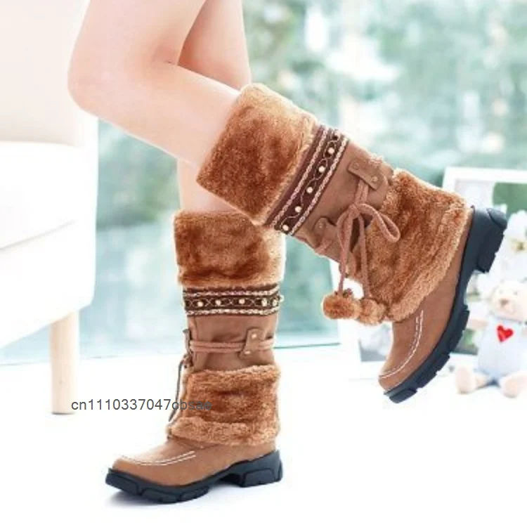 Winter Warm Mid Calf Women's Retro Snow Boots Vintage Handmade Weaving Fuzzy Ball Decor Booties Chunky Heeled Outdoor Footwear