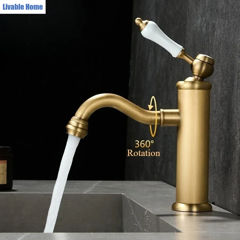 European-style vintage brass basin tap for bathroom vanity units, hot and cold water tap with splash guard