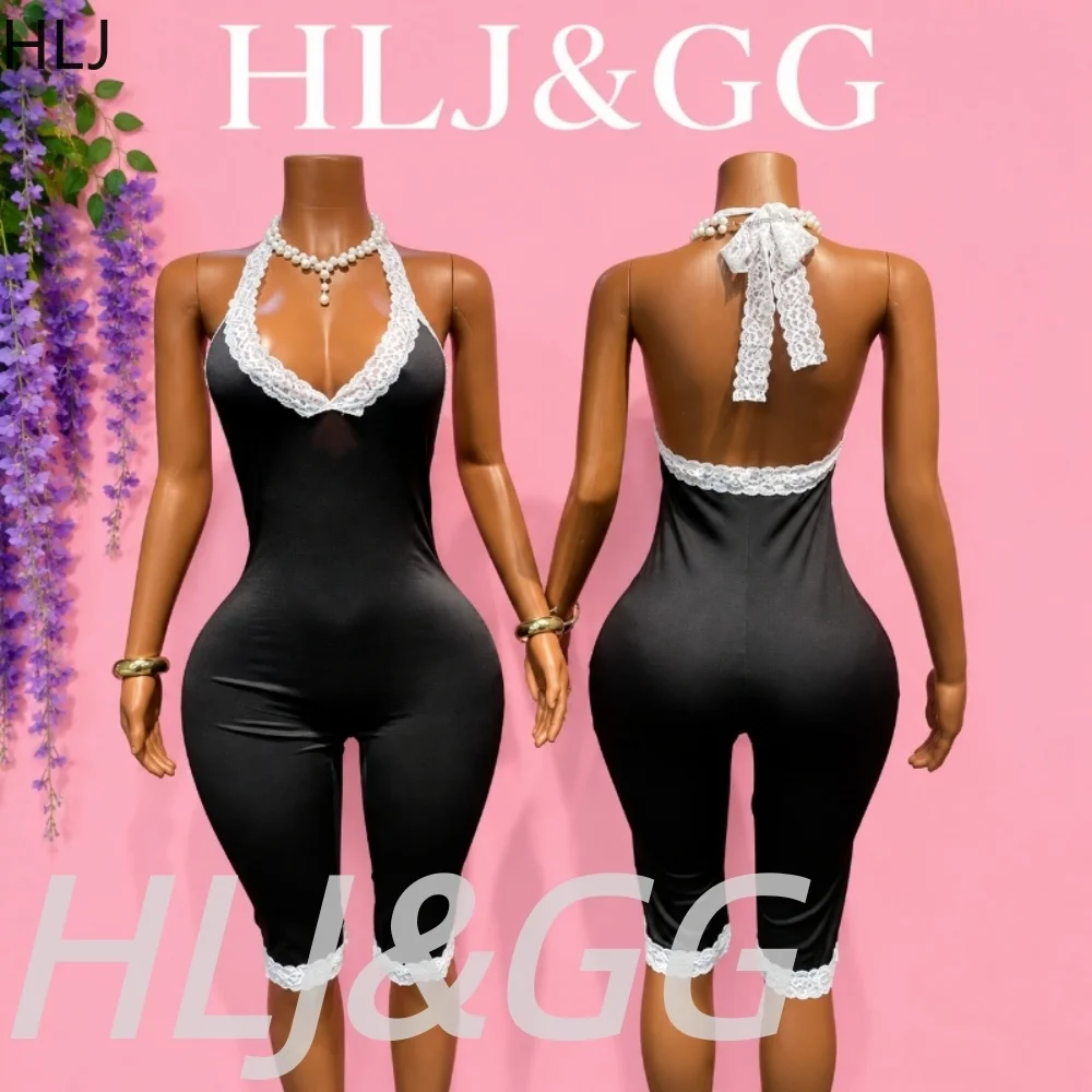 HLJ Black Halter Lace Patchwork Jumpsuit Women Contrast High Waist Elegant Rompers Black Casual Sexy Capri Pants Overalls 2026