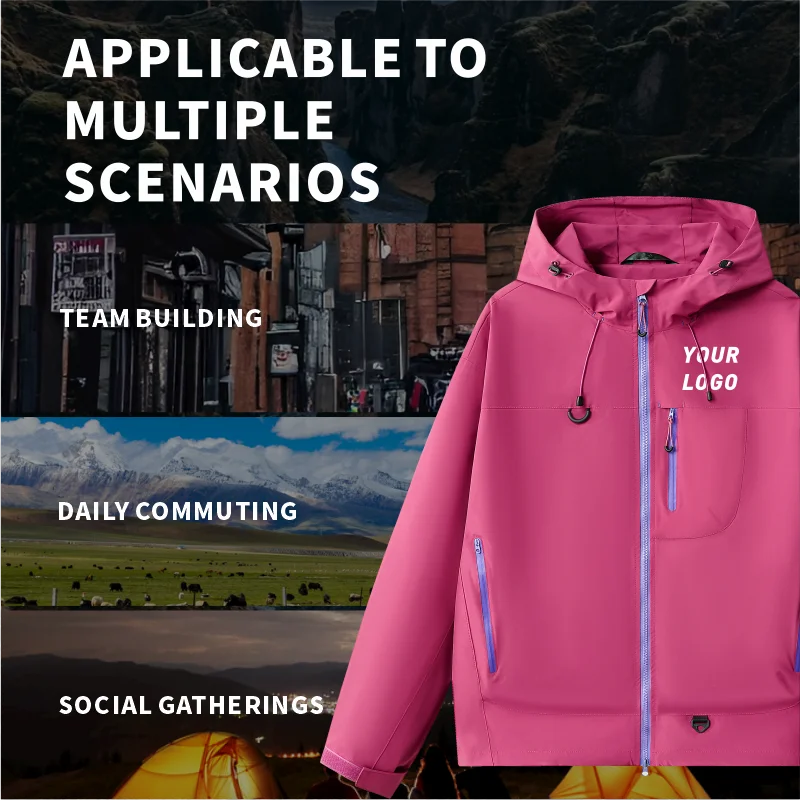 Custom Logo Hooded Outdoor Jacket Unisex Breathable Team Uniform Coat Company Events Group Hiking Diy Print Text wholesale