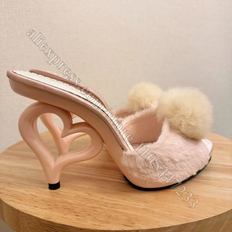 Pink Furry Peep Toe Mule Sandals Hollow Heart Shaped Sculptural Heel Fluffy Pom Pom Decor Slip On Slipper High Heels