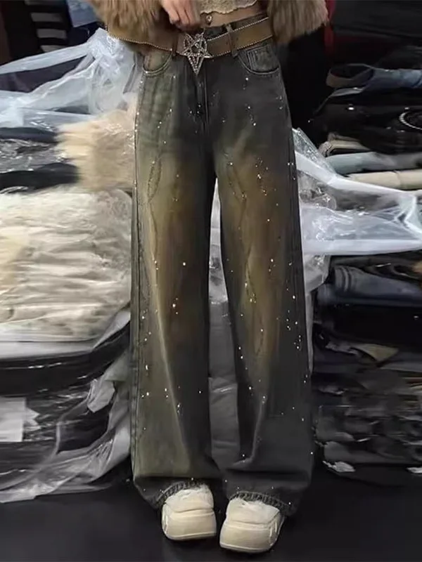 

Retro Faded Glittering Straight Leg Denim Jeans Women's High Waist Slimming Loose Casual Wide Leg Pants Spring Season
