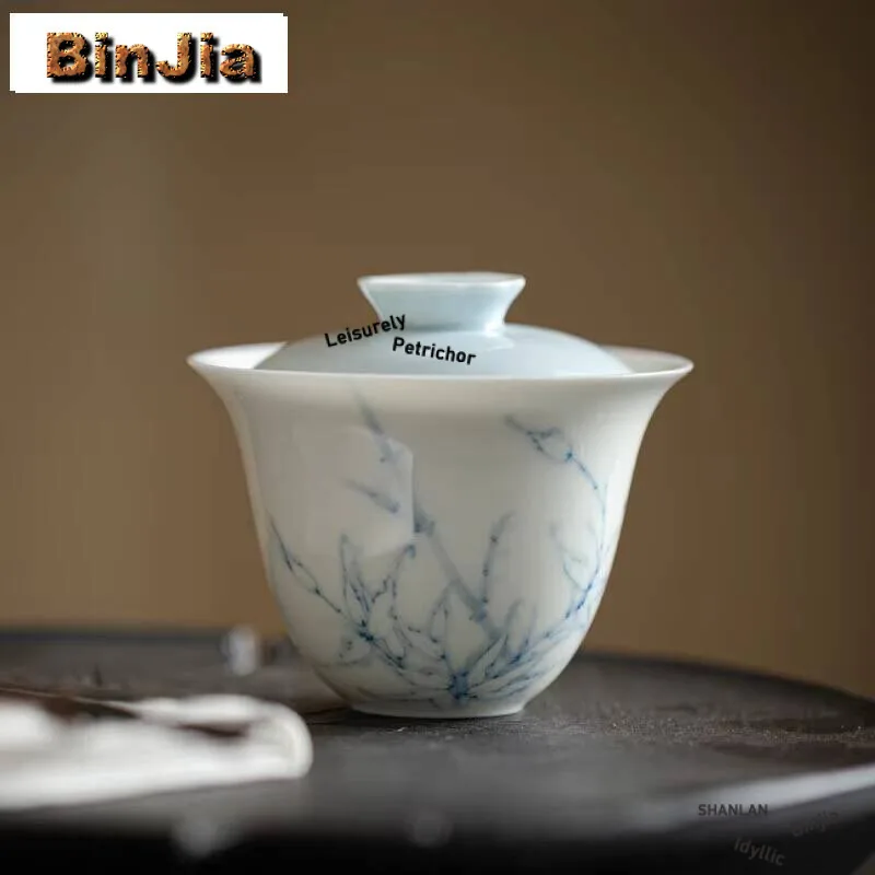 

120ml Jade Porcelain Handmade Cover Bowl Household Hand-painted Bamboo Gaiwan Aesthetic Tea Tureen Maker Cha Collection Craft