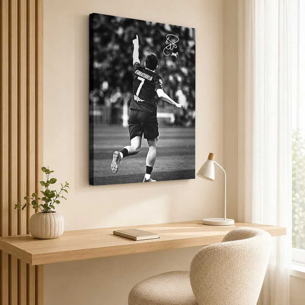 Kvaratskhelia Player Celebrating Canvas Painting Poster Custom Photo Sports Portrait Wall Art for Man Cave Decor Ready to Hang