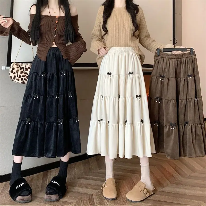 Mori Girl Sweet Cute Bow Velvet Black Brown Long Skirt for Women Autumn Winter Korean Fashion High Waist A-line Loose Cake Skirt