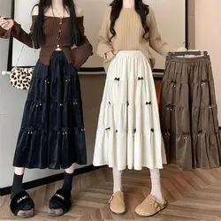 Mori Girl Sweet Cute Bow Velvet Black Brown Long Skirt for Women Autumn Winter Korean Fashion High Waist A-line Loose Cake Skirt