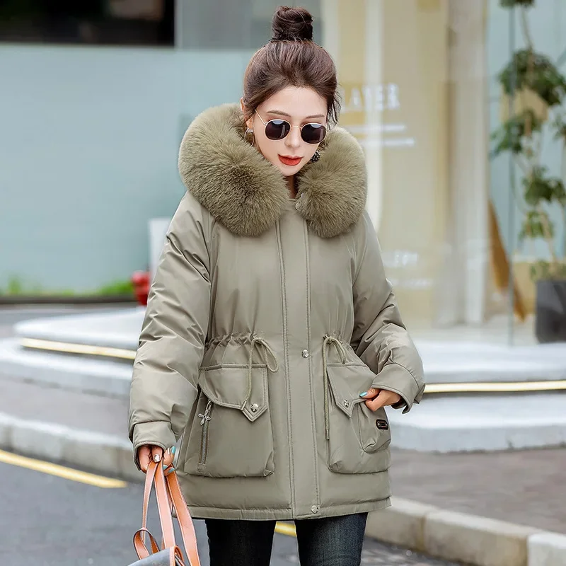 Pike Cotton Jacket for Women in Winter, Long and Medium Length, with Plush and Large Fur Collar, Thick and Warm Cotton Jacket