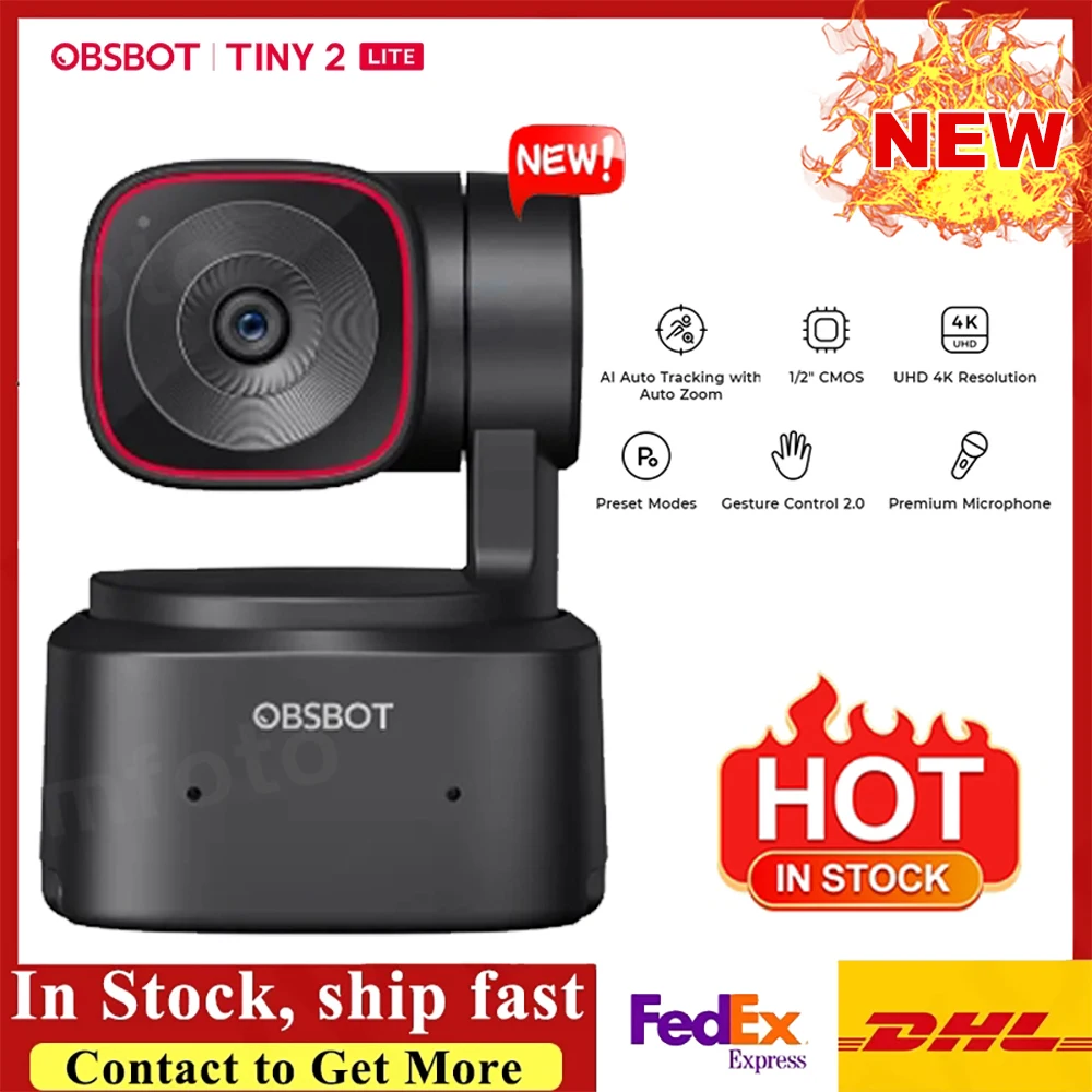 ?OBSBOT Tiny 2 Lite PTZ 4K Webcam 1080p @ 60fps HDR avec suivi AI couverture de confidentialit Microphone 1/2 
