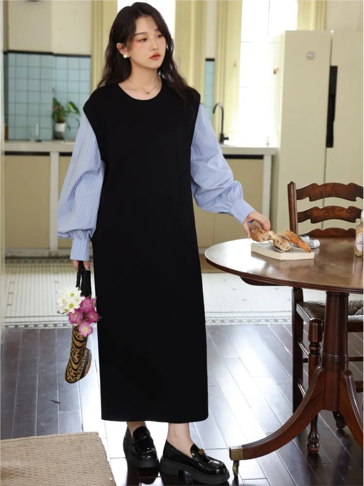Spring Autumn Fake Two Blouse Loose Dress Women Patchwork Elegant Vintage Ladies Shirts Dresses Vestidos