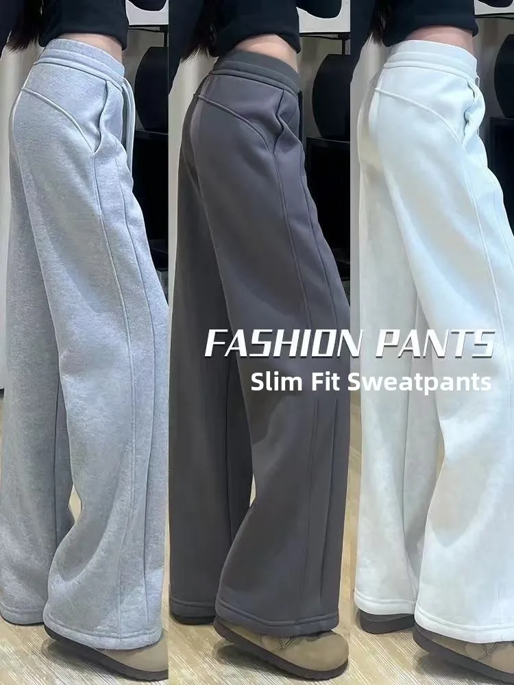 Extra Large Size Sports Pants Women's High Waist Slimming Straight Leg Wide Leg Sweatpants Korean Style Commute Pure Color
