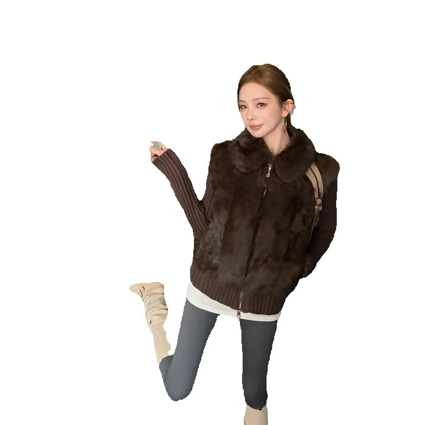 Fur one-piece lapel real rabbit fur coat, women's knitted patchwork fur vest, winter