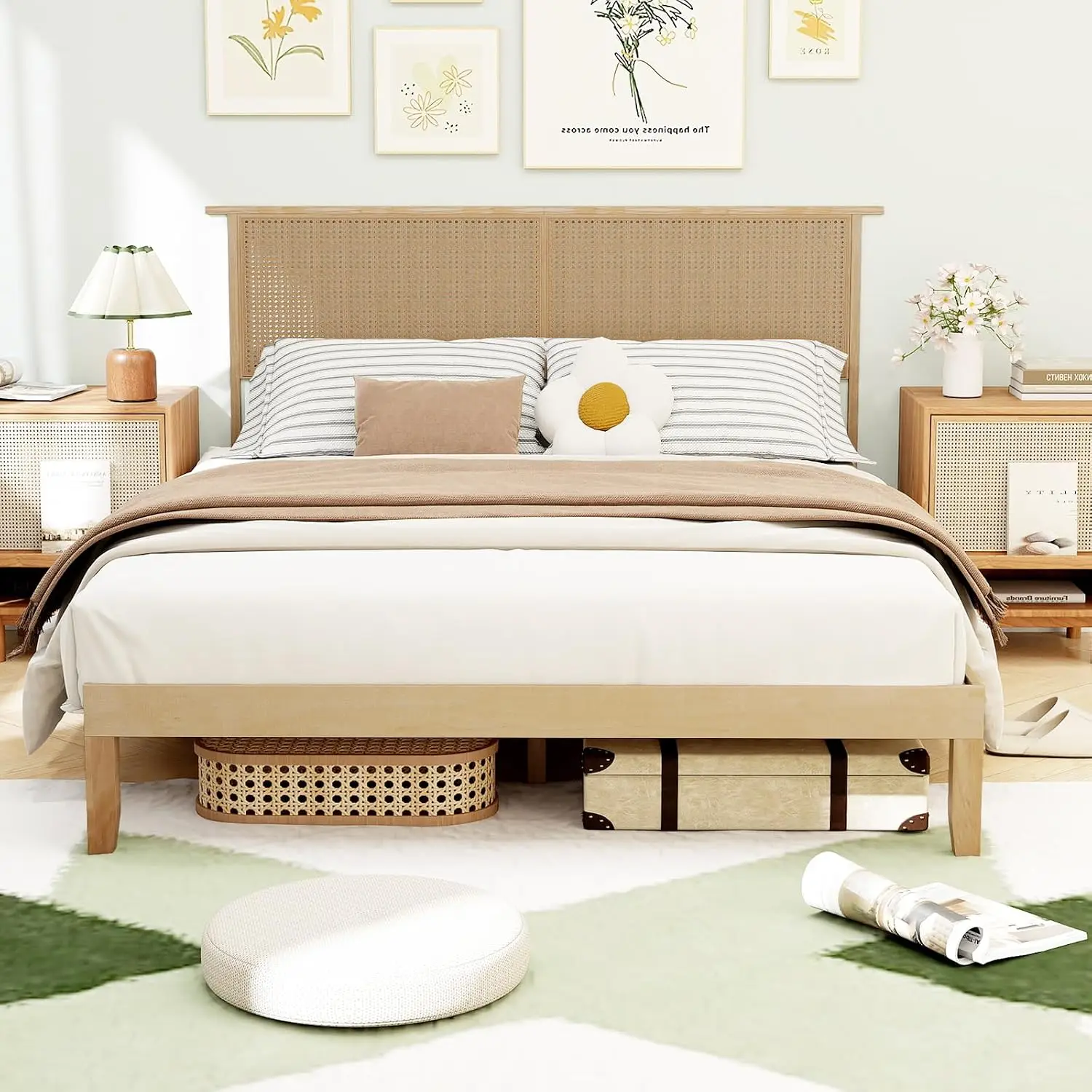 Queen Bed Frame Rattan Headboard Boho Platform No Box Spring Needed, Customized