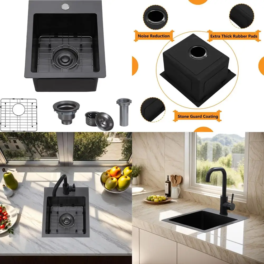 

Handcrafted Gunmetal Black 13x15 Inch Single Bowl Stainless Steel Bar Sink for RV and Wet Bar Preparation, 16 Gauge, Topmount De