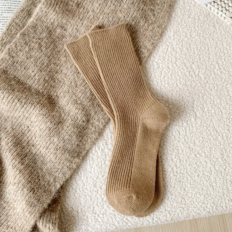 Winter Cashmere Wool Woman Socks Solid Cream Color Retro Long Socks Women Girls Thermal Crew Sock Calcetines Mujer Socks Women