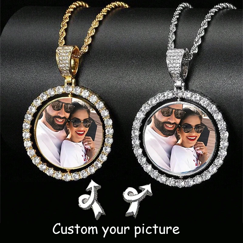Picture Customized Round Rhinestone Pendant Necklace Personalized Photo Fashion Hip Hop Necklaces Jewelry Couples Family Gift