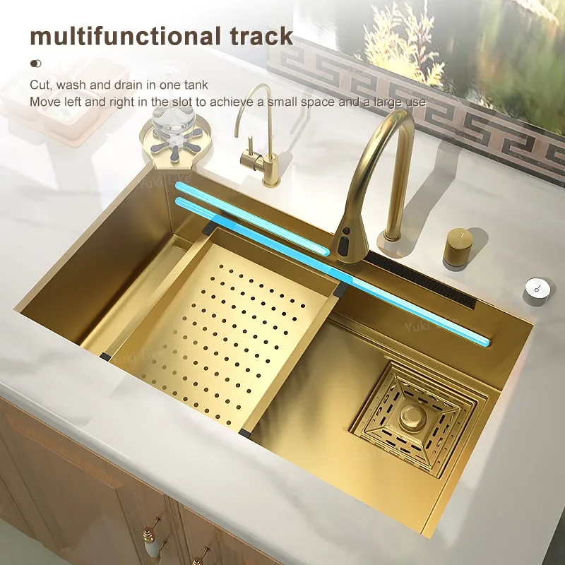 Waterfall Sink Golden Stainless Steel Kitchen Sink Single Slot Golden Wash Basin Workstation Tank Drop-in/Undermount