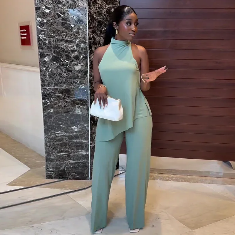 

Fashion Solid Two Piece Sets Summer Women's Casual Sleeveless Half Turtleneck Irregular Top Wide Leg Long Pants Set Office Lady