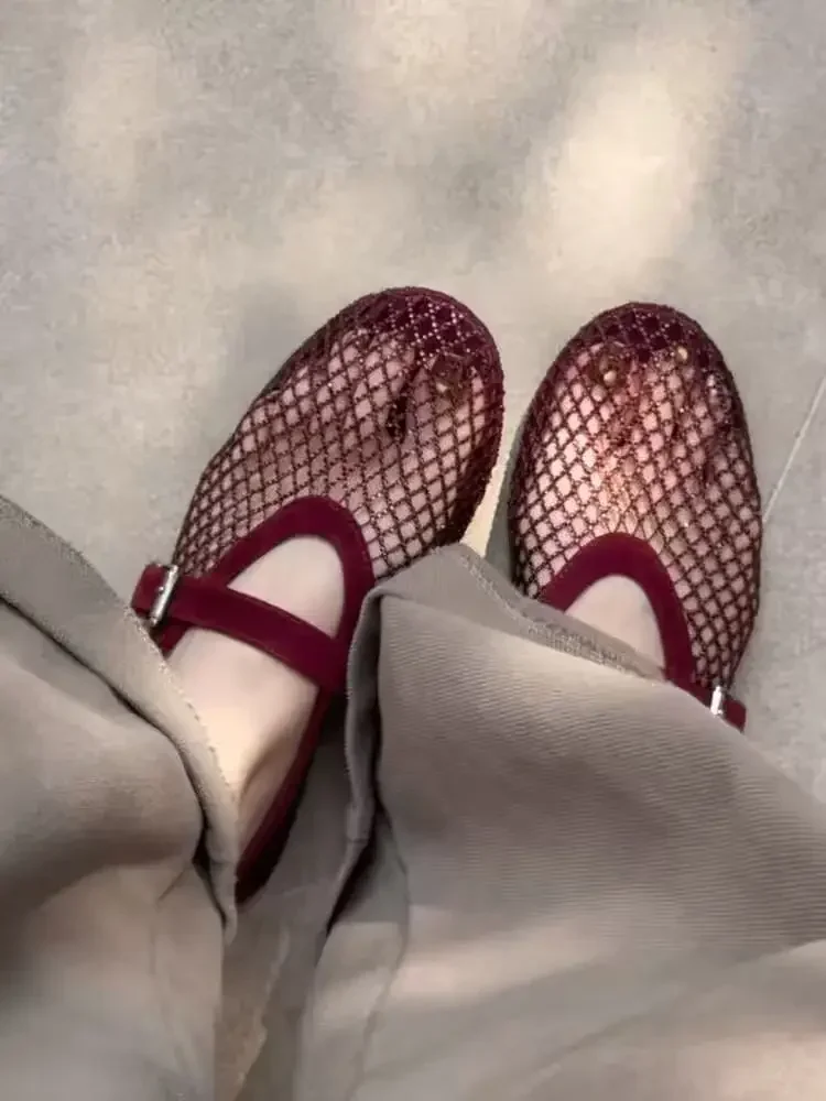 2026 Neues Modell~ Netzstoff Strass Ballerinas Mary Jane Damenschuhe mit Ausgehöhltem Riemen – Detail 5