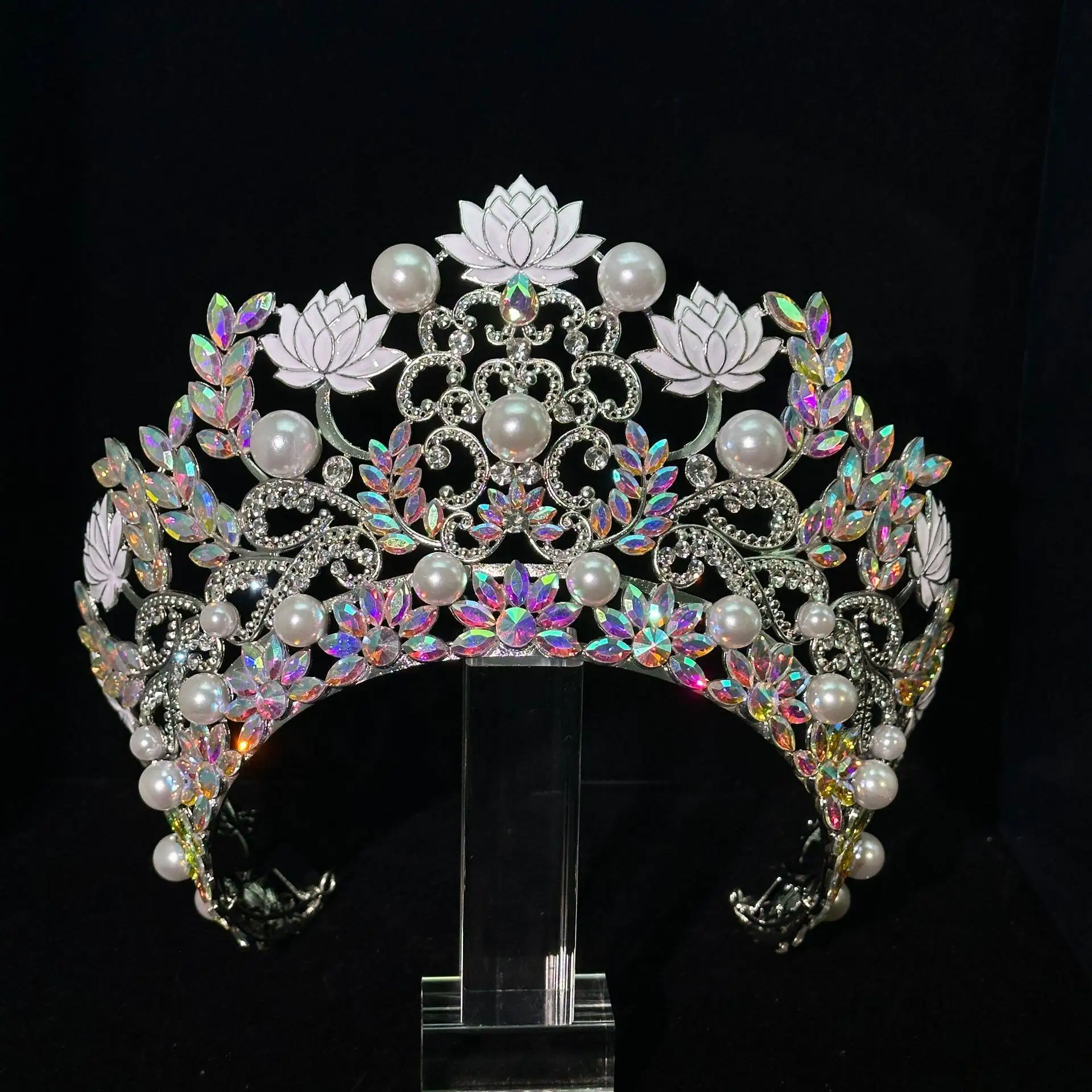 Baroque Lotus Flower High Diadem Bridal Crown for Brides Wedding Dress Hair Accessory Miss Tiaras Pageant Headdress Hair Jewelry