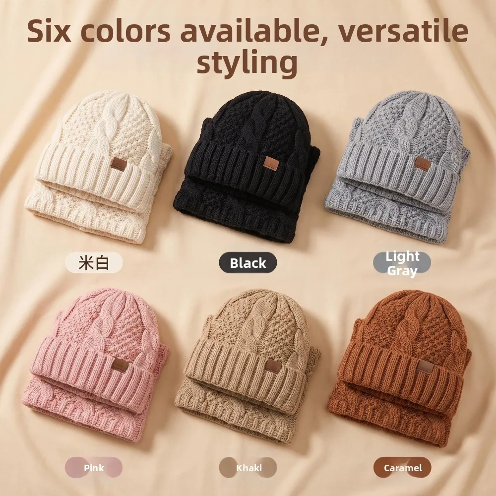 2-Piece Set Knit Hat Scarf Set Double Layer Thermal Design Winter Cap Neck Warmer Thick Warm Cable Knit Beanie Hat & Neck Gaiter
