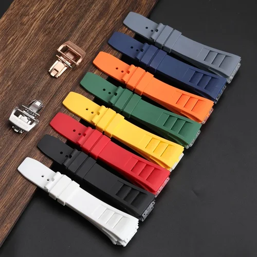 Correa de reloj de silicona con hebilla plegable de acero inoxidable sólido Richard Mille para hombres, correas de reloj suaves duraderas multicolores de 20x25mm