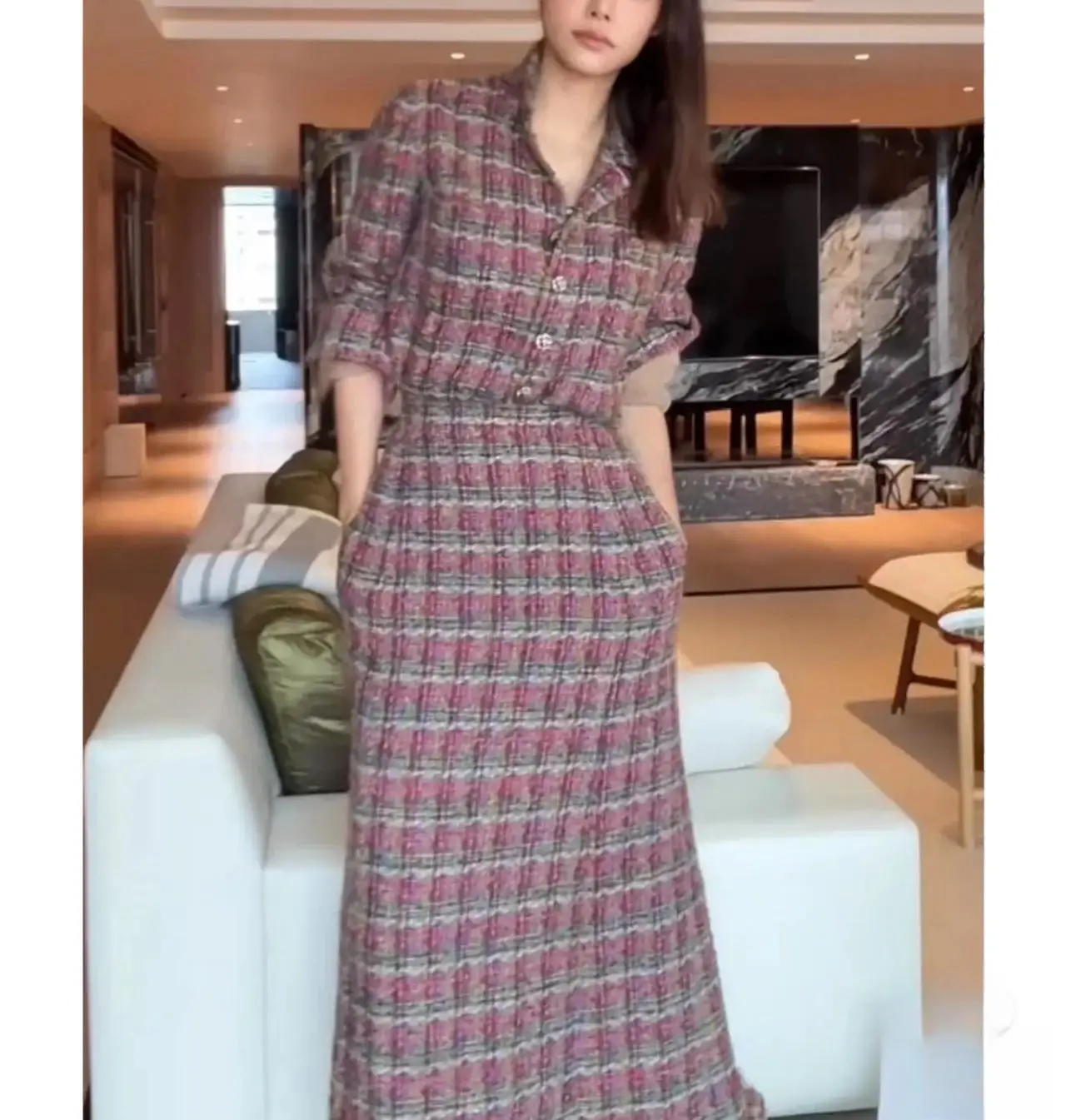 Brand New Autumn Winter Chic Women High Quality Wool-blend Plaid Tweed Coat + High-rise Skirt B528