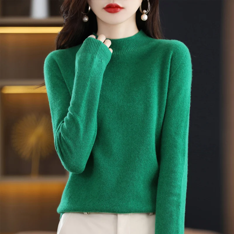 2024 Spring and Autumn New 100% Merino Wool Knitted Half Height Top Women\'s Korean Fashion Loose Cashmere Long Sleeve Sweater