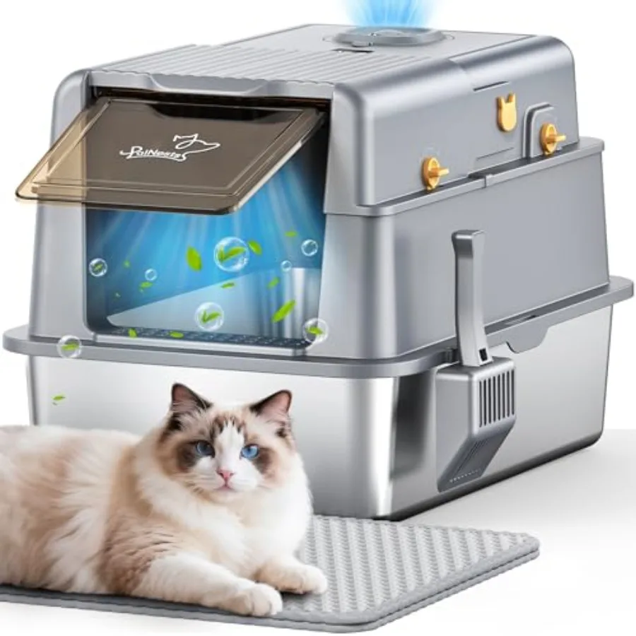 

L7 Ultra-Stainless Steel Litter Box with Smart Odor Control System, XXL Extra Large Enclosed Metal Cat Litter Box with Lid for