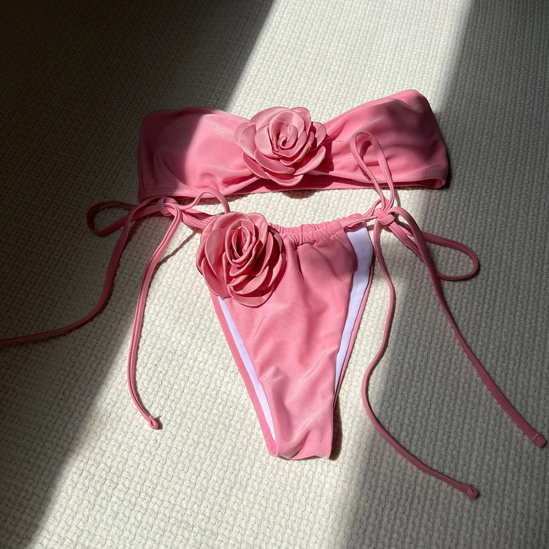 14 Farben, 3D-Blumen, Bandeau-Bikini mit hohem Beinausschnitt, Damen-Badeanzug, zweiteiliges Bikini-Set, Badebekleidung, Badeanzug, Modell V5265. – Detail 36