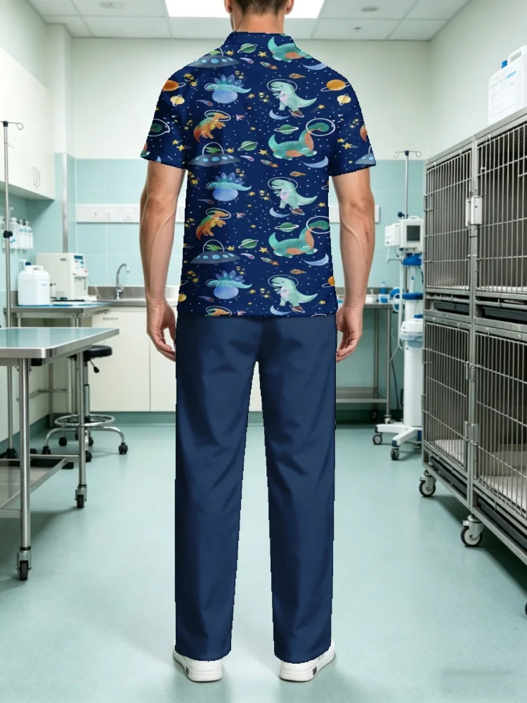 Men's Zipper Collar Scrub Top Cute Space Dinosaur UFO Print Short Sleeve Medical Uniform T-Shirt for Vet Clinic Hospital Work view 3