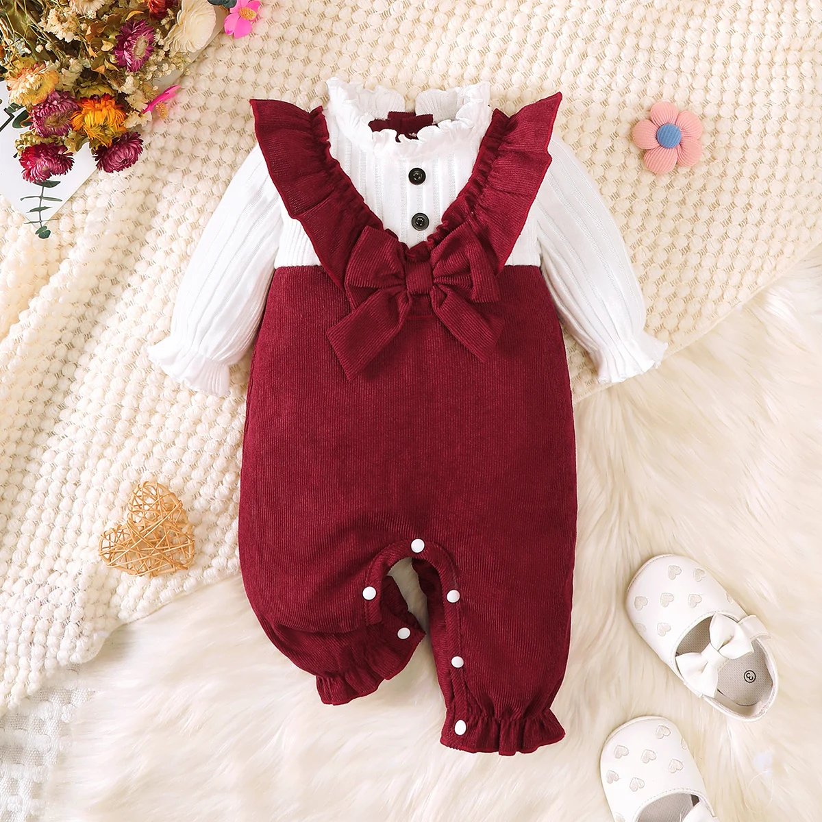 Baby Girl Christmas Romper Sweet Cute Ruffle Bow Newborn Jumpsuit for 0-18 Months Autumn Winter Infant One‑Piece Holiday Outfit