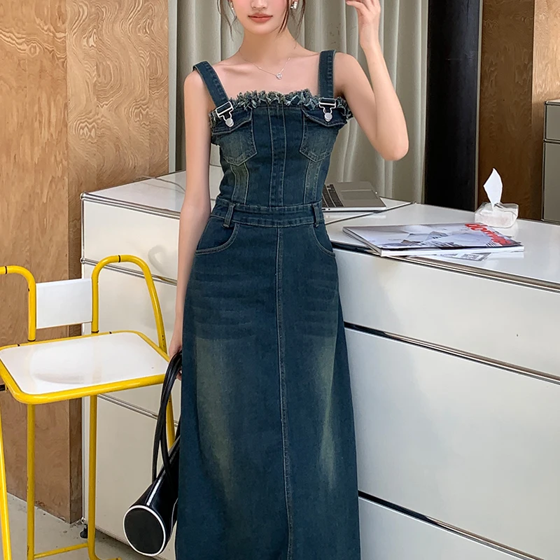 

Retro Women Strap Long Beach Sundress Denim Dress Vintage Preppy Ripped Tassel Maxi Dress Pocket High Waist Fashion Dress Trendy