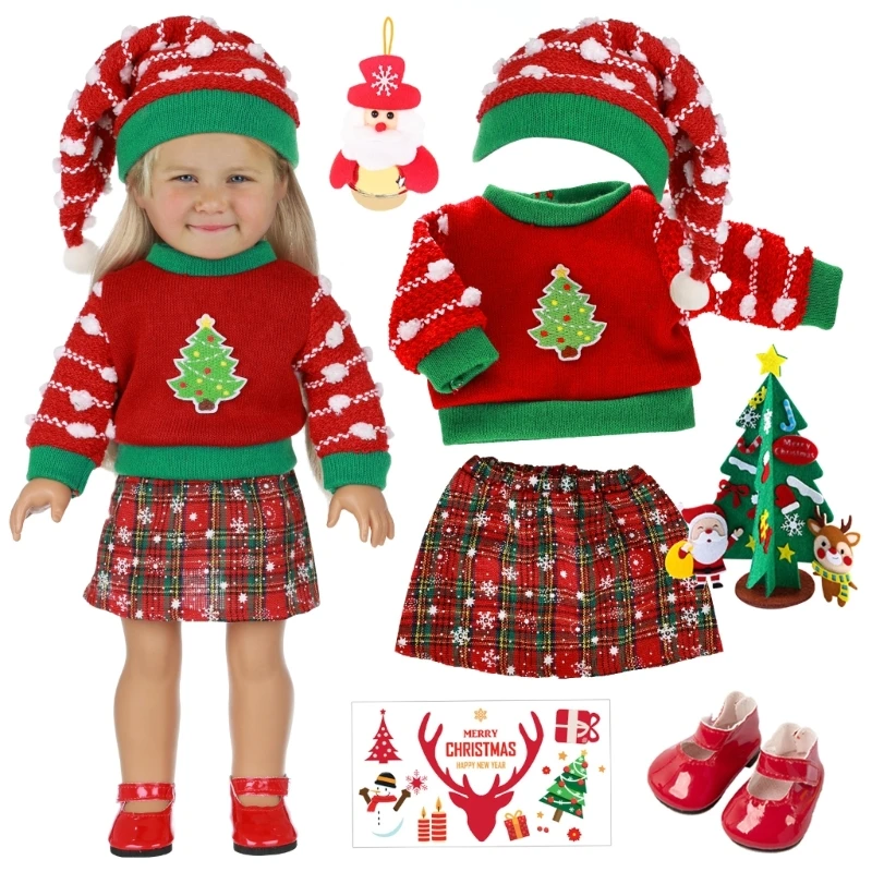 Warm Skirt Suit Festive Hat Sweater Skirt for 18 Inch Girl Doll Christmas Outfit Girl Doll Casual Clothes