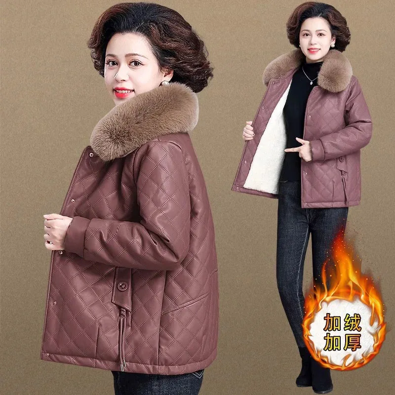 High End Middle Aged Women's Leather Jacket Winter New Thicken Warm Big Fur Collar Faux PU Leather Coat Female Outerwear 5XL