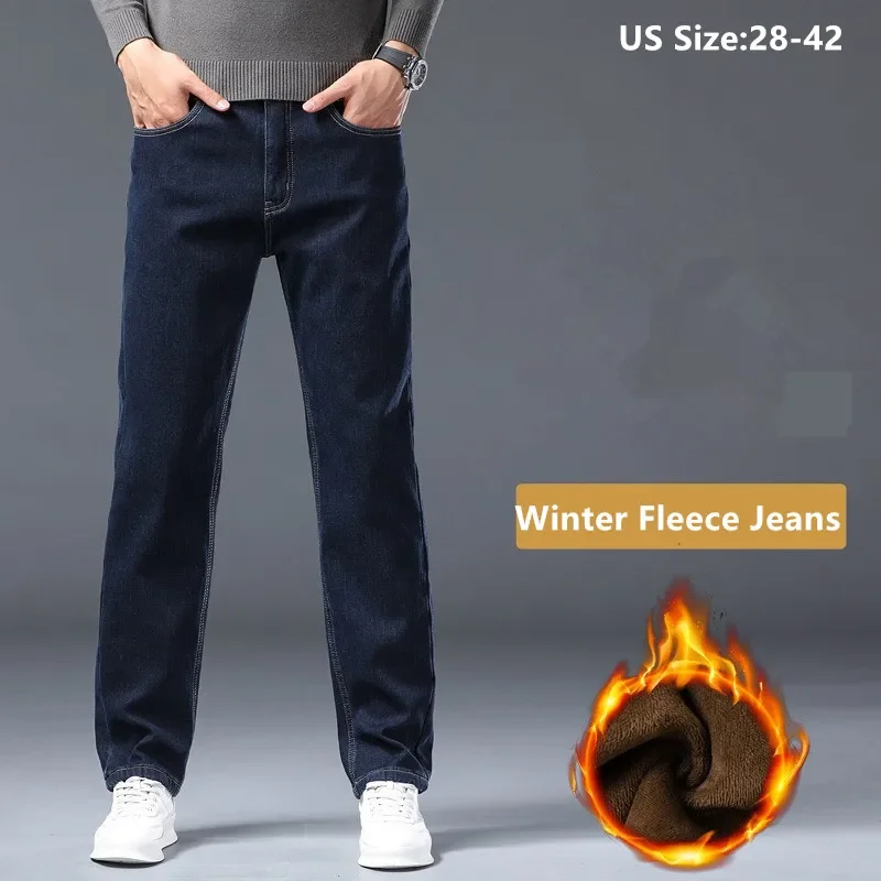 

Loose Winter Jeans mens Fleece Black Straight Thick Trousers Stretched Dad Gift Plus Size 42 40 Male Warm Coldproof Denim Pants