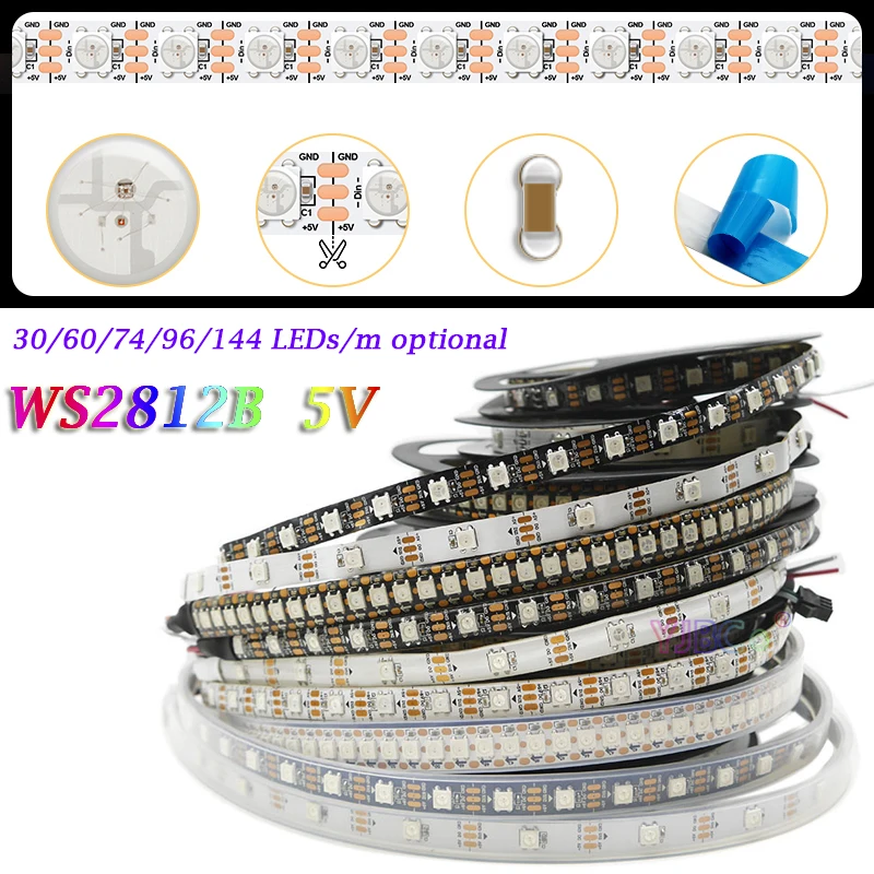 1~5m 5V 12V WS2812 WS2815 LED Strip 30/60/74/96/144 leds/m addressable IC pixel 5050 RGB Lights Tape IP30/65/67 Magic neon bar