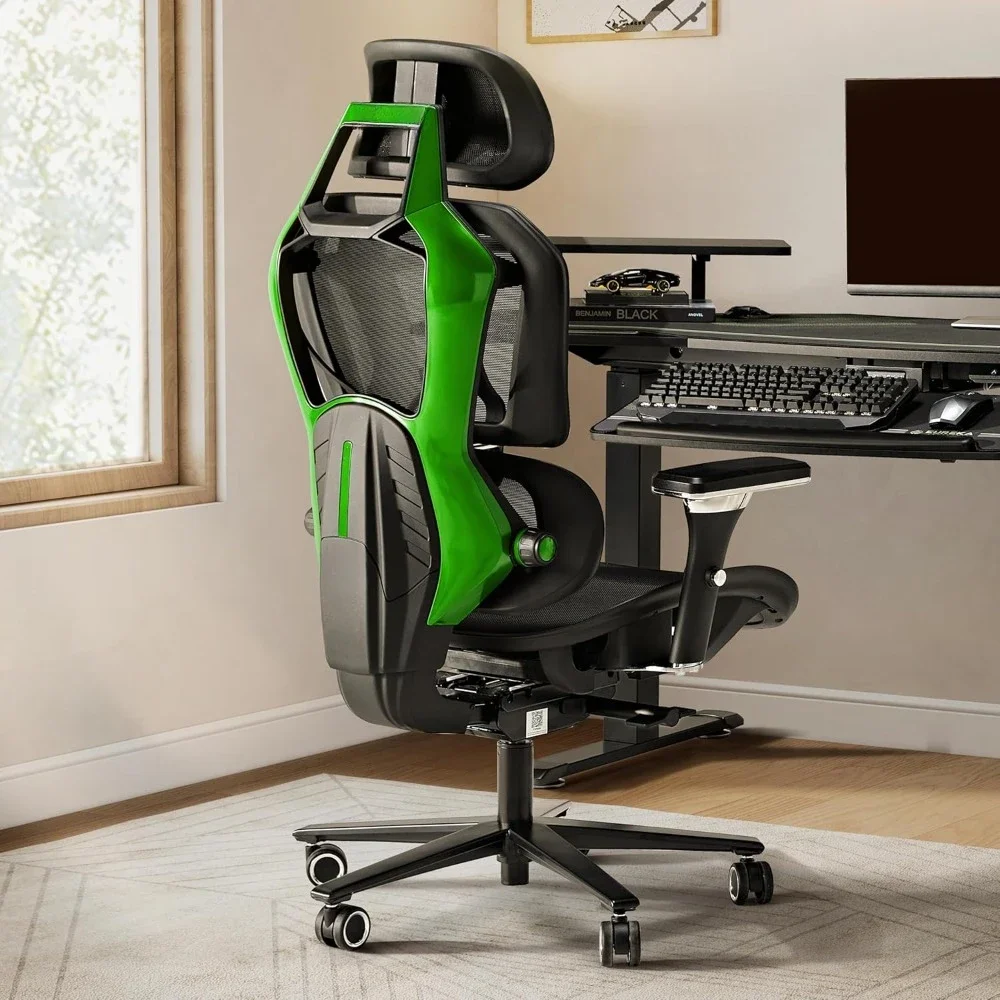 ERGONOMIC Gaming Chair with Lumbar Support/4D Armrests, Breathable, Seat Depth Adjust, Green Mesh Computer Gaming Chair