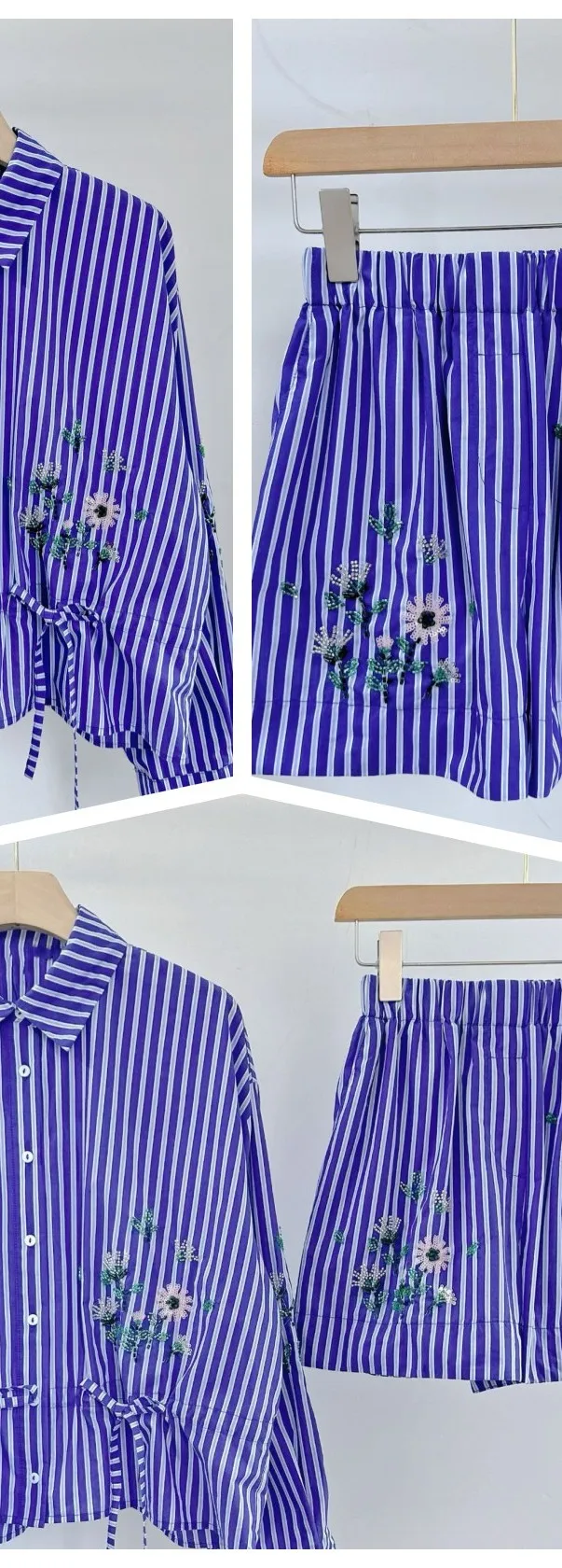 

Ladies' Blue Striped Set Floral Embroidery Bead Decoration Lapel Single Breasted Shirt Waist Cinched + High Waiste Shorts