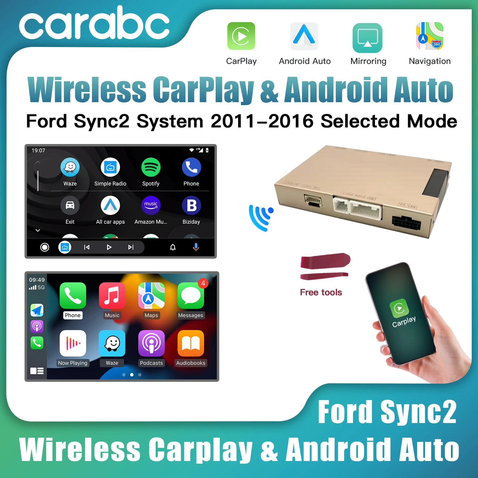 CARABC inalámbrico Carplay Android Auto para Ford Sync2 System 2011-2016 Explorer Focus Fiesta c-max Edge F150 Fusion Taurus Decodificador