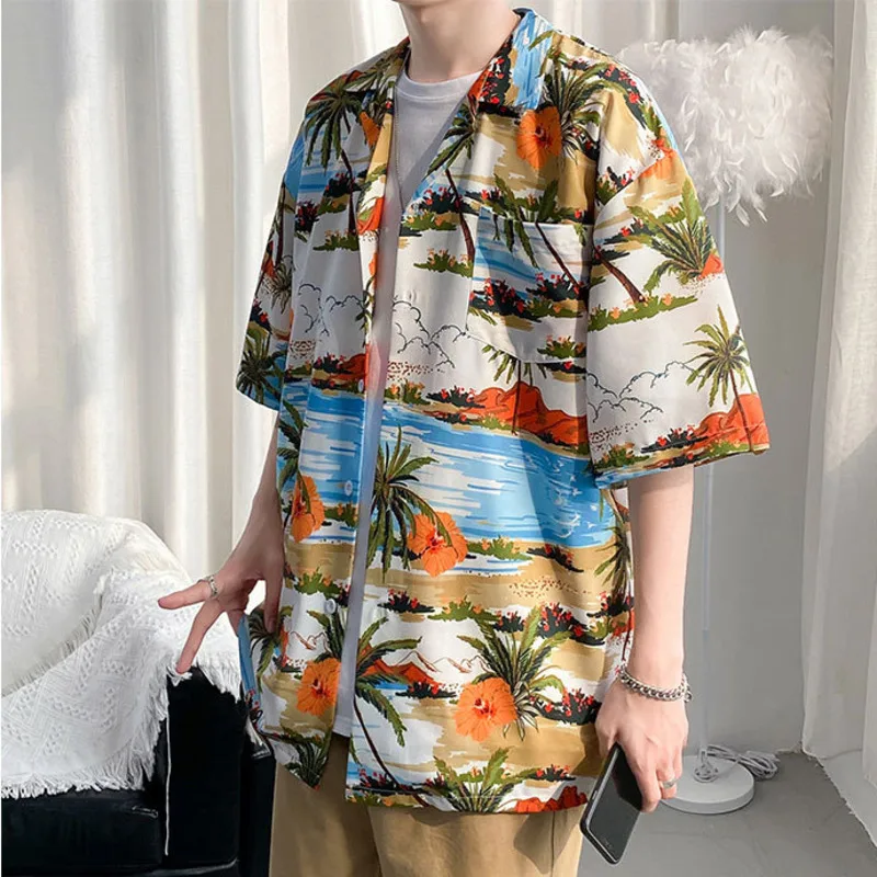 2024 Summer Newest Men Hawaiian Shirt Street Fashion Casual Palm Tree Printing Short Sleeves Shirts Male Holiday Beach Tops