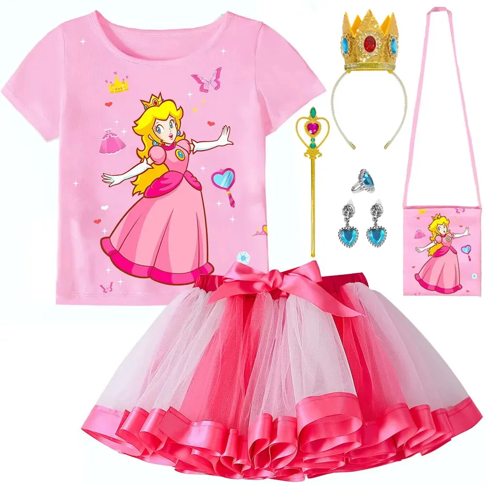 

Girls Princess Dress Summer Children Baby Girls Cosplay Peach Clothes Suits Kids Sweet Top+Tutu Skirt With Accessories Outfits