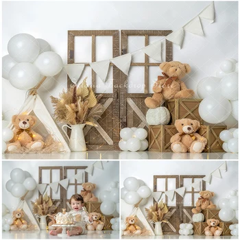 Küçük Ayılar Kek Smash Fotoğraf Backdrop Çocuk Doğum Günü Fotoğraf Stüdyosu Sahne Ahşap Kapılar Balon Kurutulmuş Çiçek Dekor Arka Plan