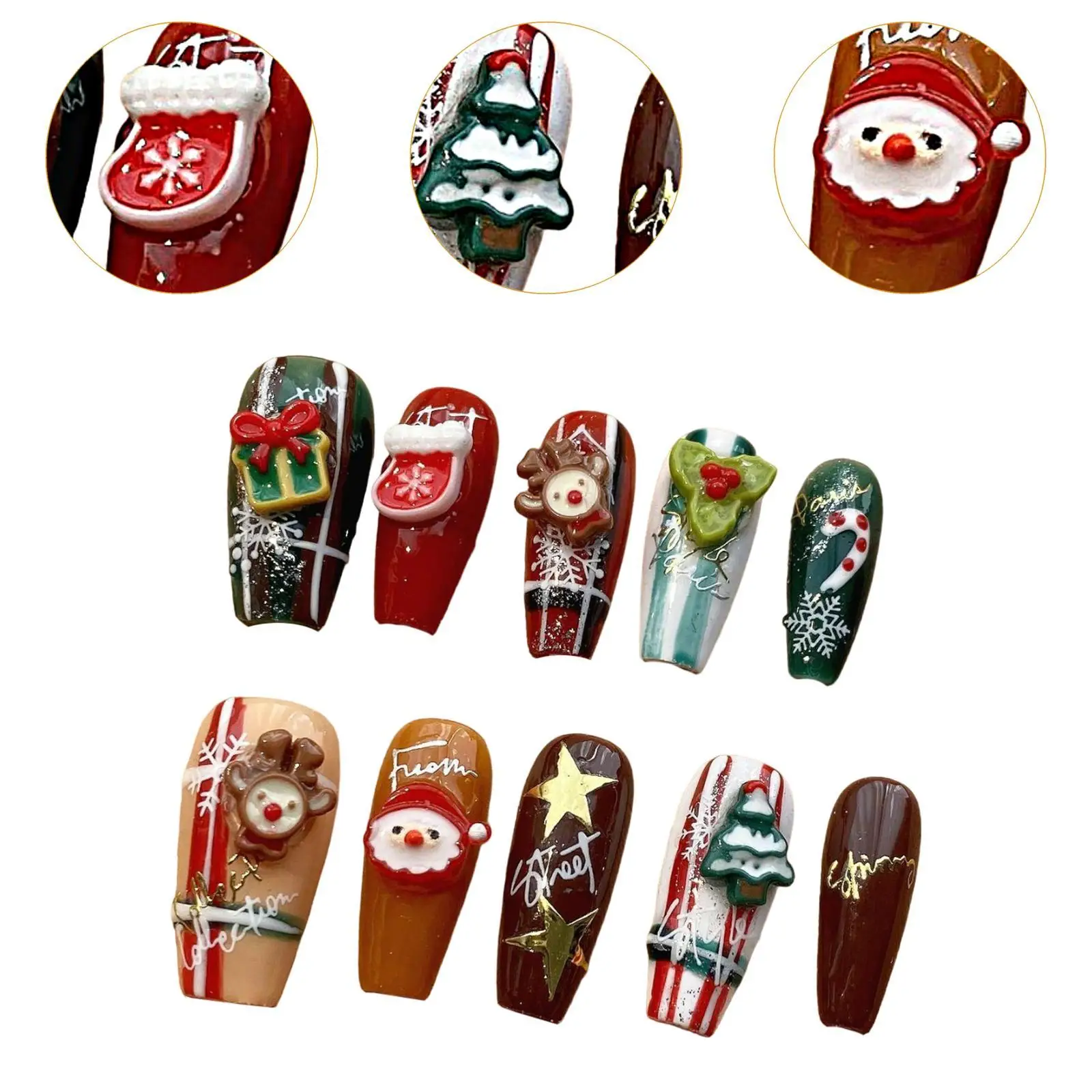 Christmas False Nails Nail Art Decoration Winter Xmas Glue on Nails with Santa Claus and Elk Decor Fake Nails for Women Girls