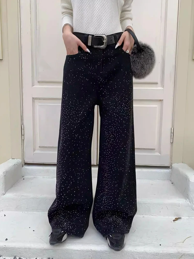 

American Sle Glittery High Waist Denim Jeans Women's Floor Length Patchwork Diamond Studded Retro Design Sensation Trousers