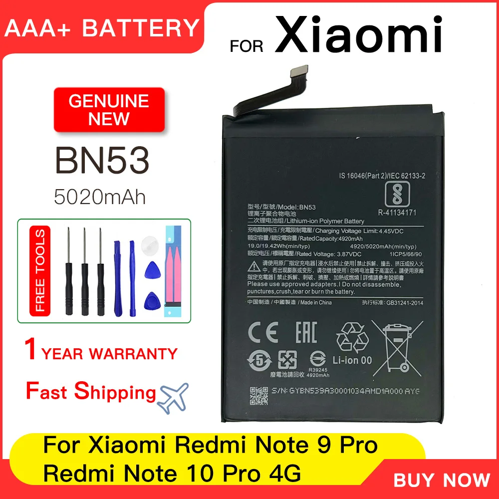 Genuine 5020mAh BN53 19.42Wh Replacement Battery For Xiaomi Redmi Note 9 PRO REDMI NOTE 10 Pro 4G Batteries Batteria+Free Tools