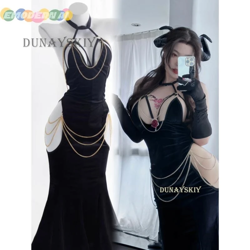 Anime Overlord Albedo Cosplay Costumes Glove Dress Wrapped Hip Open Crotch Fish Tail Skirt Black Mermaid Halloween Lute