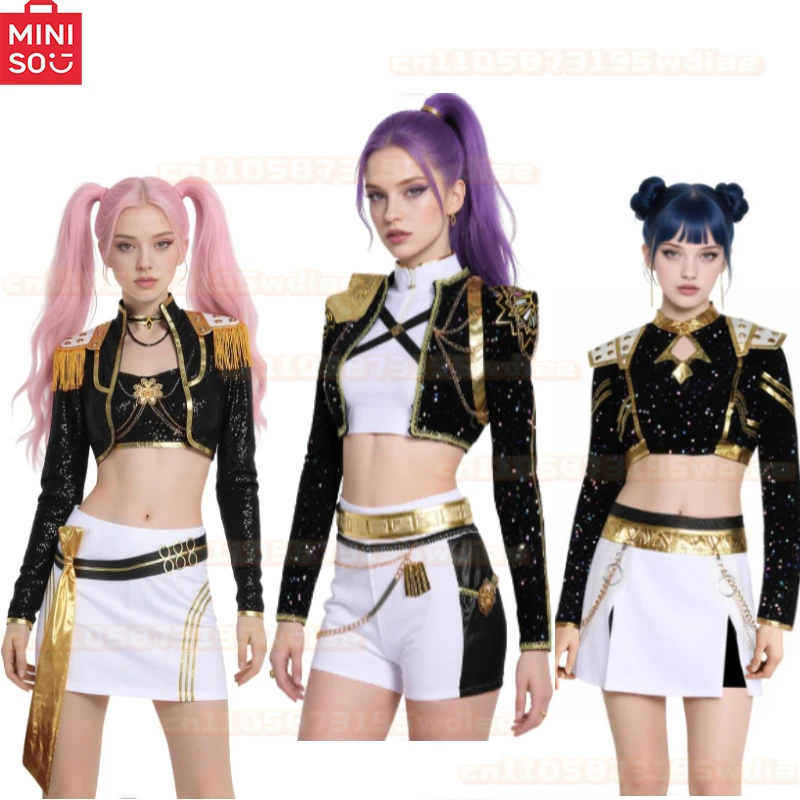 MINISO Black Golden Rumi Zoey Mira Cosplay KPop Demon Hunters Cosplay Costume Wig Women Suit Halloween Party Role Playing Outfit